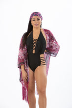 Load image into Gallery viewer, BELLA - Three Piece: Side Straps Monokini, Vintage Print Kimono Cover Up and Headband
