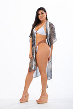 Load image into Gallery viewer, GAIA - Three Piece: White Triangle Top, Brazilian Bottom and Grey Kimono Cover