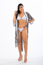 Load image into Gallery viewer, GAIA - Three Piece: White Triangle Top, Brazilian Bottom and Grey Kimono Cover