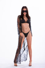 Load image into Gallery viewer, GRETCHEN - Three Piece: Black Triangle Top, Brazilian Drawstring Bottom and Kimono Cover