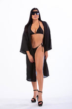 Load image into Gallery viewer, IVONNE - Three Piece: Black Triangle Top, Drawstring Bottom and Angel Print Kimono Bikini Cover