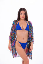 Load image into Gallery viewer, TARA - Three Piece: Blue Triangle Top, Drawstring Bottom and Kimono Bikini Cover
