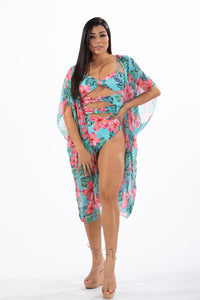 ELLIE - Two Piece: Floral and Tropical One-Piece Bathing Suit Tied Knots with Sheer Cover Up