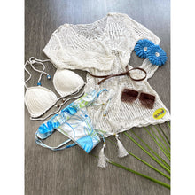 Load image into Gallery viewer, BILLIE - Three Piece Set: White Crochet Cover Up, Knitted Triangle Top and Ruffled Bottom bikini
