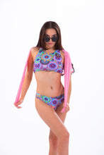 Load image into Gallery viewer, BEVERLY - Three Piece: Colored Sporty Top, Hipster Bottom and Pink Little Sarong Bikini Cover
