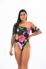 Load image into Gallery viewer, BRIDGET - One Piece Black Floral with Sarong Swimsuit Chiffon Bikini Cover
