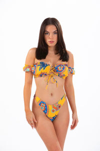 CYNTHIA - Three Piece: Yellow Floral Bandeau Top, High Cut Bottom and Sarong Bikini Cover