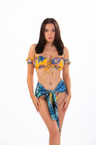 CYNTHIA - Three Piece: Yellow Floral Bandeau Top, High Cut Bottom and Sarong Bikini Cover
