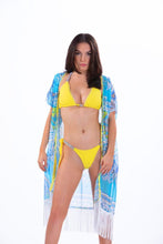 Load image into Gallery viewer, DAWN - Three Piece: Yellow Triangle Top, Drawstring Bottom and Light Blue Kimono Bikini Cover
