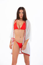 Load image into Gallery viewer, DIXIE - Three Piece: Red Triangle Top, Drawstring Bottom and White Kimono Bikini Cover
