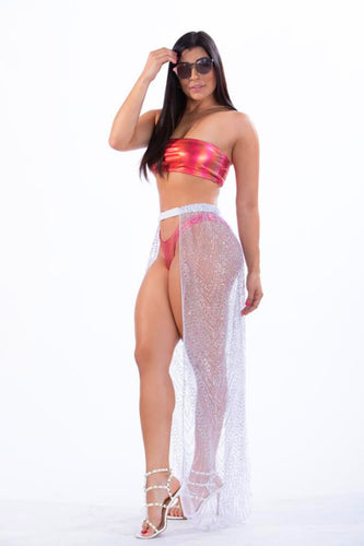 DULCE - Three Piece: Red Bandeau Top, High Cut Bottom and See Through Sarong Bikini Cover