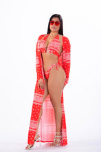 Load image into Gallery viewer, HILLARY - Three Piece: Red Halter Top, High-Cut Bottom and Kimono Bikini Cover

