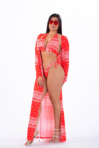 HILLARY - Three Piece: Red Halter Top, High-Cut Bottom and Kimono Bikini Cover