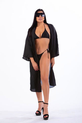 IVONNE - Three Piece: Black Triangle Top, Drawstring Bottom and Angel Print Kimono Bikini Cover
