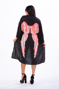 IVONNE - Three Piece: Black Triangle Top, Drawstring Bottom and Angel Print Kimono Bikini Cover